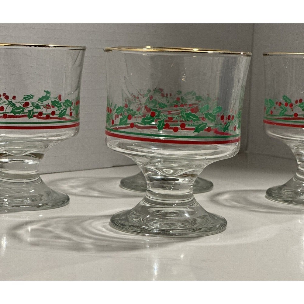Arby’s Christmas Holly Berry Bow Stem Holly Vtg Goblets Libbey Parfait Bowl Set - Picture 3 of 16